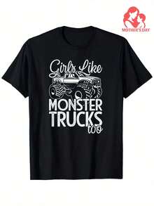 Girls Monster Truck T-Shirt For Mom And Daughter Jam Fans Fine Cotton Round Neck T-Shirt Creative Cool Color Pattern Printing 100% Pure Cotton 180g Fabric Weight Regular Size S-XXXL T-Shirts - màu đen - Xem 1