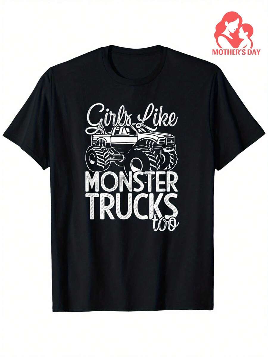 Girls Monster Truck T-Shirt For Mom And Daughter Jam Fans Fine Cotton Round Neck T-Shirt Creative Cool Color Pattern Printing 100% Pure Cotton 180g Fabric Weight Regular Size S-XXXL T-Shirts - màu đen - Xem 1