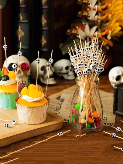 100pcs Honbay Skull Fruit Picks, Holiday Party Fruit Skewers, Decorations, Gifts, Suitable For Cocktail, Fruit, Food, Hamburger, Cake, Sandwich, Drink Decoration Sticks For Wedding, Birthday Party