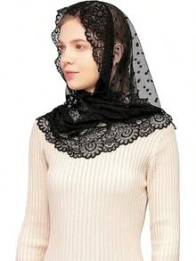 Wgior Triangle Vintage Inspired Lace Chapel Veils Catholic Mass Head Covering Scarf Mantilla Veils For Churchhalloween - 黑色 - 查看 5