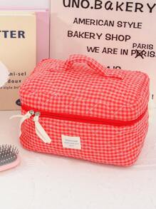 Juego de bolsas organizadoras de gran capacidad para el hogar con cremallera, bolsa de tocador portátil y con asa, bolsa de almacenamiento de cosméticos con diseño acolchado y de cuadrícula clásica en color rojo, bolsa cuadrada pequeña para almacenar toallas sanitarias, bolsa de maquillaje multifuncional para el hogar con asa, regalos para el Día de San Valentín, Navidad, Acción de Gracias, suministros para damas de honor y bodas