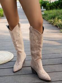 Women's Pointed Toe Thick Heel Floral Embroidery Mid-Calf Boots, Slip-On Western Cowboy Style, Fashionable Outdoor Boots, Autumn/Winter,Cowboy Boots - Khaki - View 4