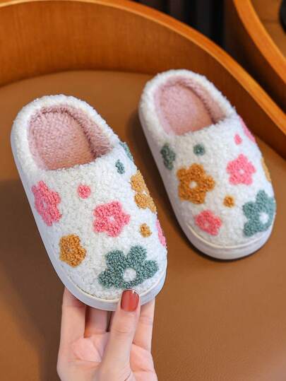 Girls Fluffy Lined Slippers, Warm Comfortable Home/Outdoor Wear Embroidered Closed Toe Slippers For Kids Toddlers, Autumn/Winter