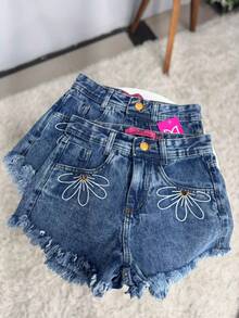 Women's High-Waisted Jean Shorts With Frayed Hem And Daisy Embroidery | 100% Cotton - No Elastane