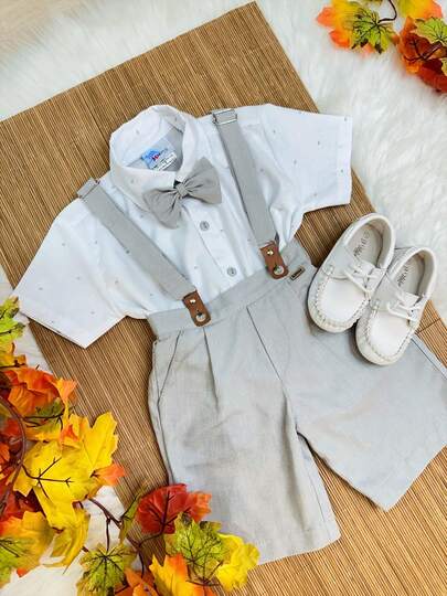 Conjunto Social infantil luxo meninos camisa gravata short com suspensório CINZA  pajem Terno para meninos pré-adolescentes Conjunto de Traje Formal para Vestir, Terno para Casamento para Meninos Pré-Adolescentes, Colete, Calça, Gravata e Gravata Borboleta
