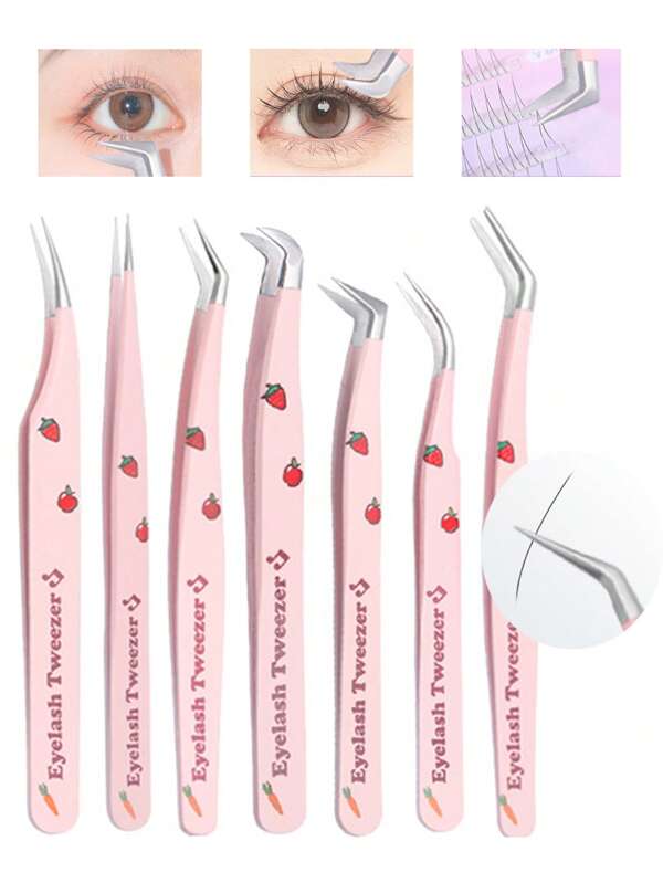 3/4/7pcs Art Lalic Strawberry Design Precision Tweezers For Eyelash Extensions & Nail Rhinestones - Stainless Steel, Fragrance-Free, Cute Aesthetic Beauty Tools For Professional Makeup & Nail Art, Nail Art Tweezers, Playful Beauty Tool