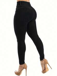 女士提臀牛仔裤，高弹力紧身长裤，时尚优雅，适合约会、通勤、休闲出游 - 黑色 - 查看 4