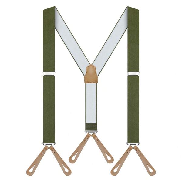 3,5 cm breite verstellbare elastische klassische Hosenträger für Herren, Y-Form reines Lederendstück mit 6 Knopflöchern, geeignet für Anzughosen, olivgrün