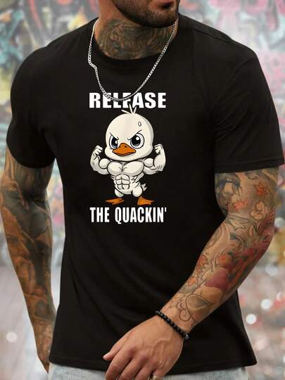 Camiseta de Cuello Redondo de Poliéster para Hombre con Estampado de Pato Culturista "Release The Quackin'" - Top de Punto de Manga Corta Casual para Uso Diario y Verano - Camiseta de Ajuste Regular con Patrón Geométrico