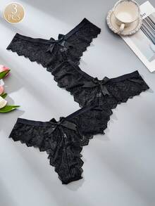 FOVTY 3 piezas Bragas de mujer con encaje, parches, diseño de mariposa y plumas, sexy y encantador, tanga negra - Negro - Ver 2