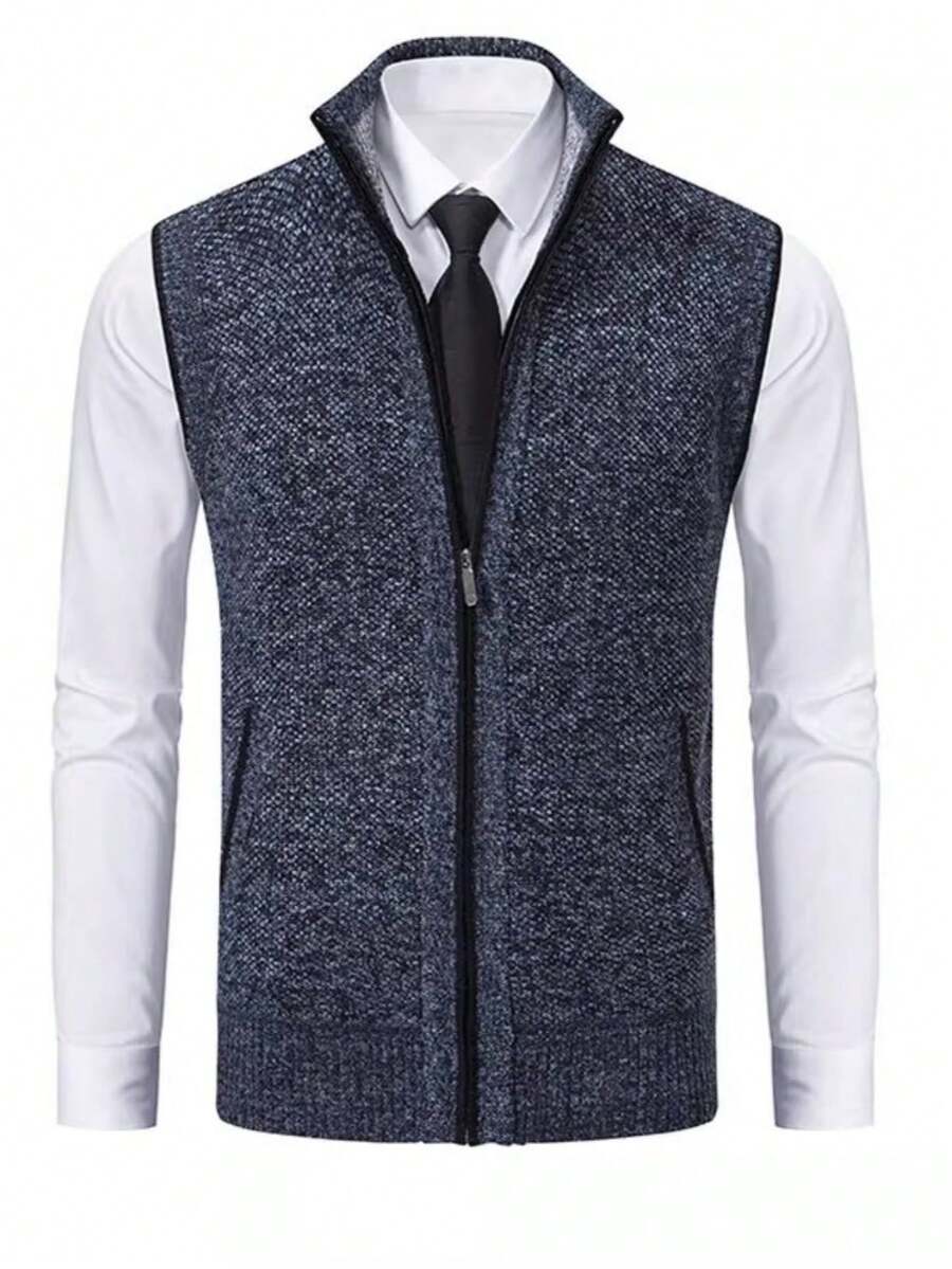 Herren Lässig Thermostrick Ärmelloser Pullunder, Herren Gestrickter Cardigan, für Ehemann, Herbst - Blau - Übersicht 1