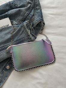 女士拼布串珠链条肩带斜挎包，复古彩色激光仿金属派对信封手拿包 [颜色随机] - 彩色 - 查看 4