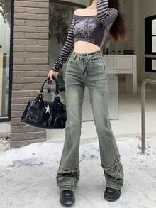Solid Color Casual Washed Denim High Waist Women Jeans, Everyday Wear All Season - Blue - View 8