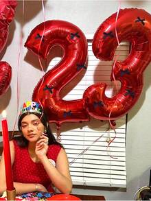 1pc 32-Inch Red Number Foil Balloon & 5pcs Black Bow Combination Set, Suitable For Wedding, Birthday, Anniversary, Halloween, Christmas Party Decoration - Red - View 4