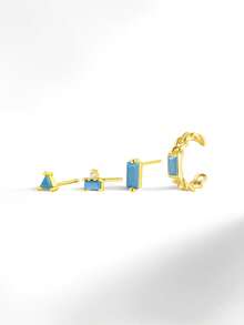 4 件时尚休闲几何造型 925 纯银耳钉，镶嵌人造绿松石 - 适合日常、派对和宴会佩戴 | 送给姐妹、朋友和家人的理想生日礼物