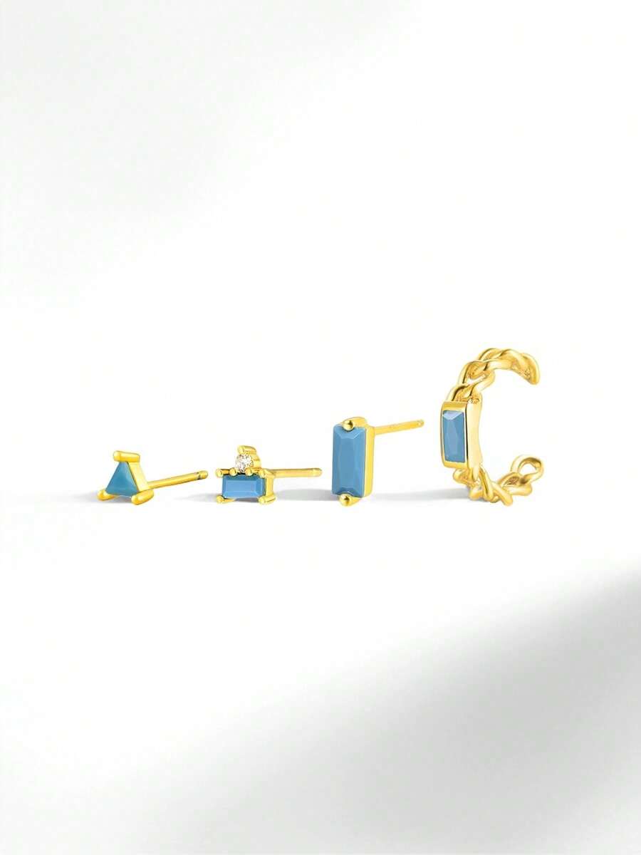 4 件时尚休闲几何造型 925 纯银耳钉，镶嵌人造绿松石 - 适合日常、派对和宴会佩戴 | 送给姐妹、朋友和家人的理想生日礼物