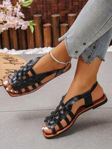 Women's Retro Woven Hollow Out Slip-On Sandals, Thick Heel, Vintage Roman Style, Versatile For Spring, Summer And Autumn - Black - View 3