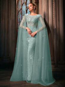 LUVISTRUE Mode Design Damen Pailletten Abendkleid mit Perlen besetztes Abendkleid für Abendpartys, Wohltätigkeitsveranstaltungen, Galas, Champagner Farbenes Mesh Langes Kleid, Geburtstagskleid