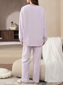 2pcs Women Solid Color Flannel Crew Neck Long Sleeve Top And Long Pants, Minimalist Stylish Loungewear, Suitable For Outerwear, Cozy Winter Clothes, Fluffy