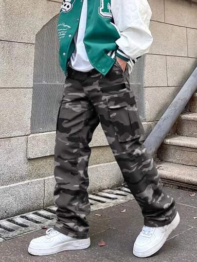 Pantalones cargo de camuflaje para hombres con bolsillo lateral, pantalones casuales de ajuste regular para actividades al aire libre de hombres, pantalones cargo sueltos de estilo universitario para otoño