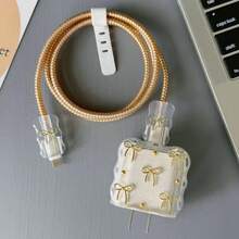 5pcs Small Light Pink/Purple Bow Heart/Gold Bow/Cherry And White Pearl Design 20W/18W Phone Charger Set, Charging Cable Protector, Charging Head Protector Case, Compatible With Apple Charger - Gold - View 5