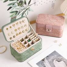New Luxury Printed Jewelry Organizer Box, Artificial PU Leather, Large Capacity Multi-Layer Partitioned Storage Box, Premium Jewelry Box With Floral Pattern Leather, Bracelet Storage Box, High-End Jewelry Ring Watch Double Layer Accessory Box - Multicolor - View 5