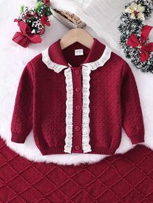女婴优雅荷叶边开衫，酒红色长袖纽扣毛衣，适合生日派对、婚礼、周年纪念、秋冬季日常穿着 - 酒紅色 - 查看 7