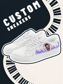 [Music Festival Theme] Custom Photo And Name Low-Top Sneakers, PU Upper Panel Shoes, Soundwave Light Print, Lightweight Comfortable Fashion Unisex Design