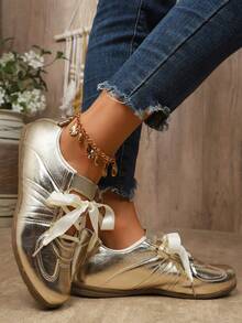 حذاء شقة رباط براق ألوان باستيلية للنساء كاجوال رياضي موضة جديدة ، مرن متعدد الاستخدامات للربيع والخريف