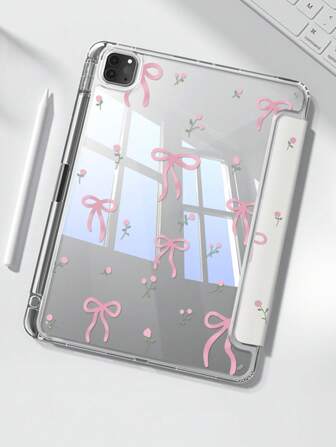 漂亮可爱的粉色花朵字母蝴蝶结，双面彩涂亚克力透明水晶背板，防震，兼容第七代和第八代（10.2英寸）iPad，第十代保护壳，内置笔槽，支持睡眠和唤醒，节日礼物，新年礼物