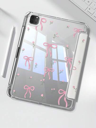 The Beautiful And Cute Pink Flower Letter Bow, Double-Sided Color-Coated Acrylic Transparent Crystal Back Plate, Shockproof, Compatible With The 7th And 8th Generation (10.2-Inch) IPad, 10th Generation Protective Case, Built-In Pen Slot, Supports Sleep And Wake-Up, Festival Gift, New Year Gift