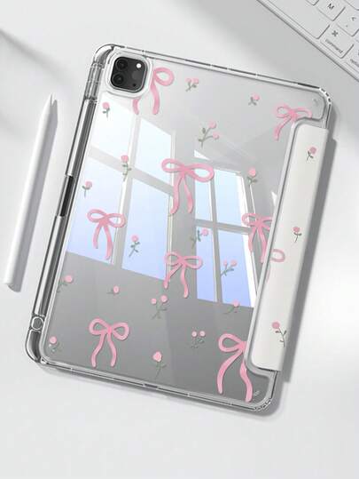 漂亮可爱的粉色花朵字母蝴蝶结，双面彩涂亚克力透明水晶背板，防震，兼容第七代和第八代（10.2英寸）iPad，第十代保护壳，内置笔槽，支持睡眠和唤醒，节日礼物，新年礼物