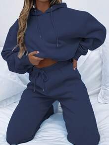 2pcs Women Casual Outdoor Sports Suit, Street Fashion Hooded Sweatshirt Long Sleeve Top & Drawstring Loose Pants Set