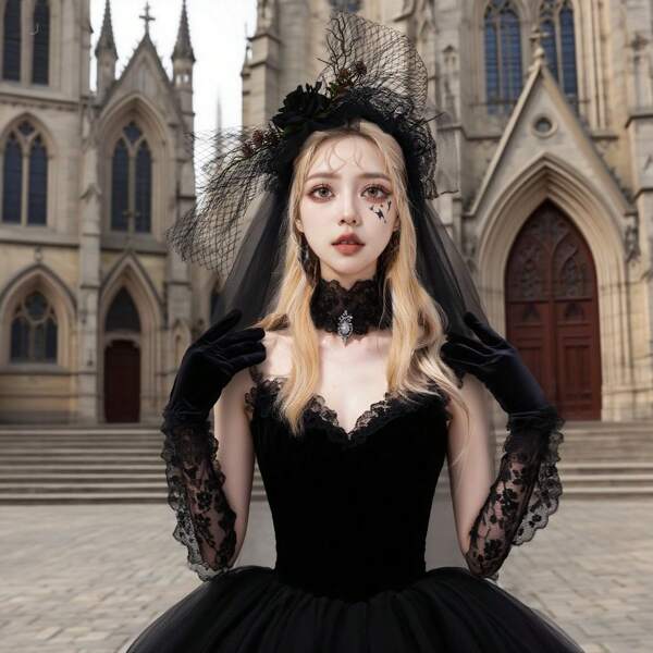 1 pieza Diadema con flor de rosa de simulación de Halloween, diadema con velo negro, tocado con velo negro, accesorio de disfraz para fiesta de Halloween/Día de los Muertos, velo de novia