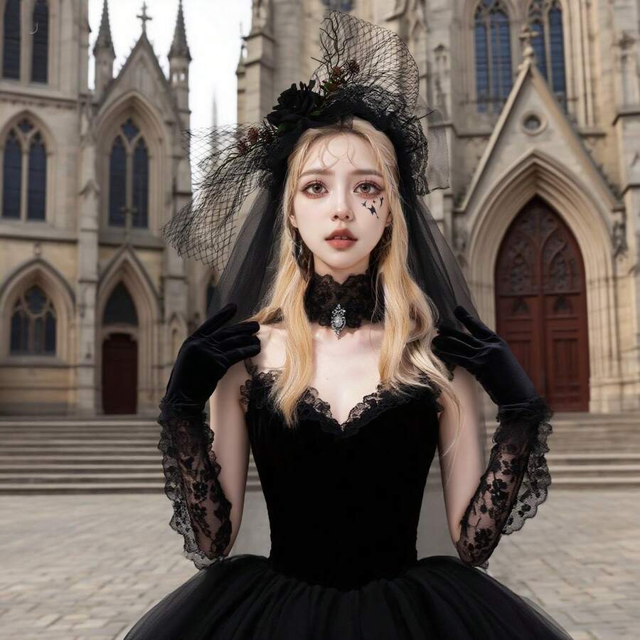 1pc Halloween Simulation Rose Flower Headband, Black Veil Headband, Black Veil Headpiece, Costume Accessory For Valentine's Day Party, Bridal Red Rose Veil