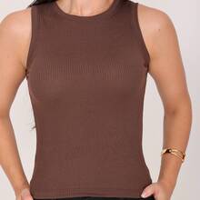 Women's Ribbed Knit Tank Top With Round Neck - Rỉ Nâu - Xem 3