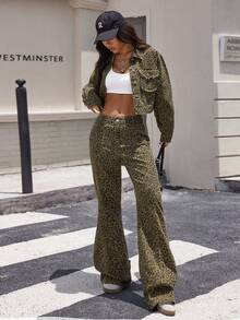 牛仔套装搭配豹纹夹克和裤子，羊毛设计元素，全新万圣节风格街头复古百搭通勤日常休闲简约街头时尚夹克上衣和舒适喇叭牛仔裤两件套 - 綠色 - 查看 3