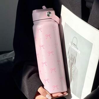 HILAKE 1pc 800ml/1000ml Insulated Water Bottle With Bowknot Pattern - Durable And Reusable Drinkware Ideal For Summer Hydration, Vintage Y2K Aesthetic Gym Bottle For Hot & Cold Beverages - Perfect For Outdoor Adventures, Picnics, Sports, Camping, And Office Use