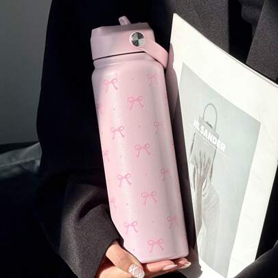 HILAKE 1pc 800ml/1000ml Insulated Water Bottle With Bowknot Pattern - Durable And Reusable Drinkware Ideal For Summer Hydration, Vintage Y2K Aesthetic Gym Bottle For Hot & Cold Beverages - Perfect For Outdoor Adventures, Picnics, Sports, Camping, And Office Use