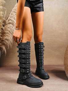 Women's Black New Solid Color Punk Style Fashion Comfortable Rivet Buckle Accessory, Fashion & Comfortable Outdoor Casual Spring/Autumn Zipper Non-Slip Thick Bottom Chelsea Boots,Party - Black - View 4