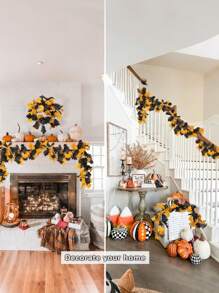 2 件秋季枫叶花环，人造枫叶花环，万圣节假植物黑色和黄色枫叶花环假枫叶户外人造花办公室、桌子、万圣节装饰、秋季装饰、节日悬挂花环秋季枫叶藤蔓装饰客厅，人造秋叶感恩节枫叶万圣节圣诞节壁炉