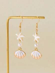 1 Pair Minimalist Starfish, Pearl & Shell Design Earrings, Suitable For Beach Vacation & Summer Matching - Multicolor - View 3