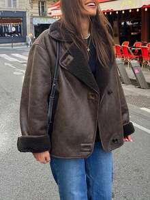 Chaqueta suelta con cuello de piel sintética marrón Maillard de unicolor para mujer, adecuada para uso diario y diversas ocasiones, otoño/invierno - Café integral - Ver 5