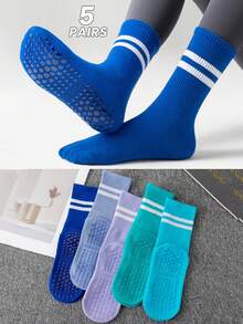 1/5/10双/包 女款随机春秋款双条马卡龙色脚底硅胶带抓地力适合室内瑜伽普拉提拉力健身舞蹈搭配瑜伽裤运动服中筒袜