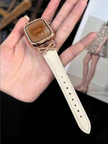 1pc Women's Beige Leather Bow Crystal Strap Suitable For 38/40/41/44/45/49/42/46mm Series 11/SE3/Ultra3/Ultra/SE/SE2/10/9/8/7/6/5/4/3/2/1 - Beige Rose Gold Buckle - View 6