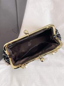 1 件黑色喇叭形纹理亮片网状夹扣珍珠手柄包，高端奢华礼服婚礼派对手拿包，女士，2025 年春夏