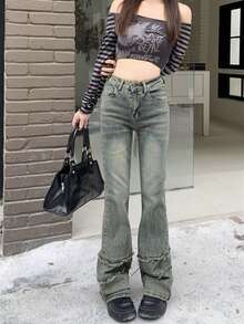 Solid Color Casual Washed Denim High Waist Women Jeans, Everyday Wear All Season - Blue - View 6
