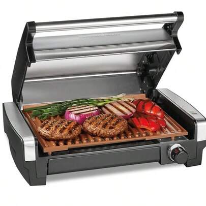 Parrilla / asador grande eléctrica para espacios interiores Hamilton Beach, 232° C de Temperatura Máxima, Superficie de Cerámica Antiadherente/Plato de Parrilla Extraíble, ideal para hamburguesas y cortes de carne