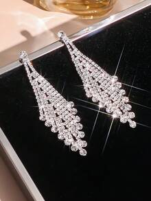 1 Pair Silver-Plated Fashion Tassel & Rhinestone Earrings Set, Suitable For Women Wedding Party Events - Silver - View 8