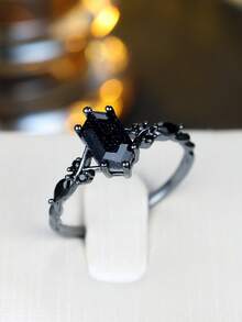 Tsnamer 1枚星空六边形切割立方氧化锆订婚戒指，复古黑金簇镶戒指，女士黄金首饰，生日礼物 - 戒指 - 查看 4